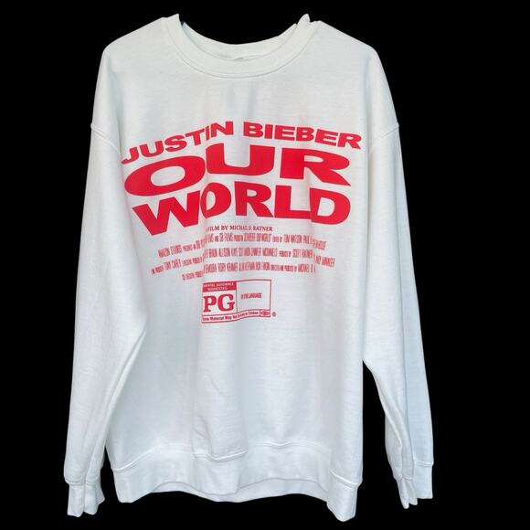 Justin Bieber Our World Crewneck Sweatshirt Unisex Large White Movie Promo - Picture 1 of 8